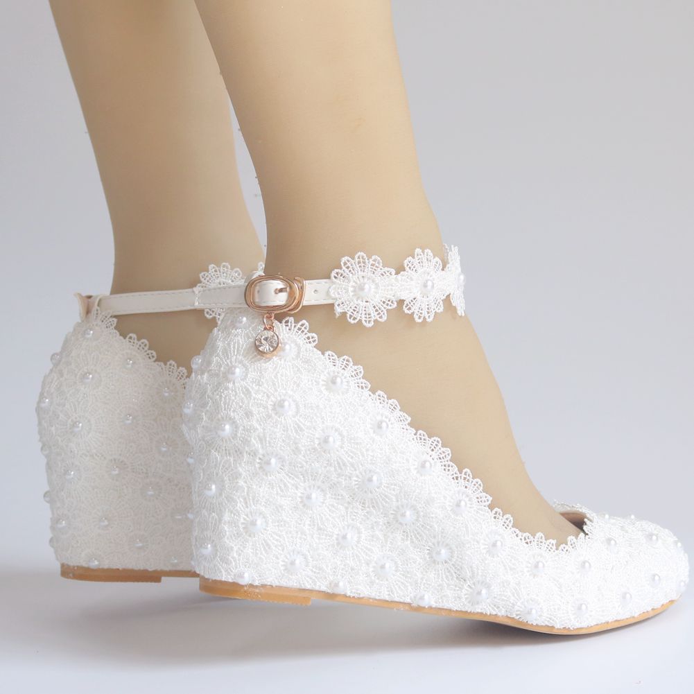 Pearls Lace Shallow Ankle Strap 5.5cm Wedge Heel Women Pumps Wedding Shoes