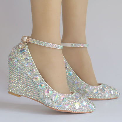 Colorful Rhinestone Ankle Strap 8cm Wedge Heel Women Pumps Wedding Shoes