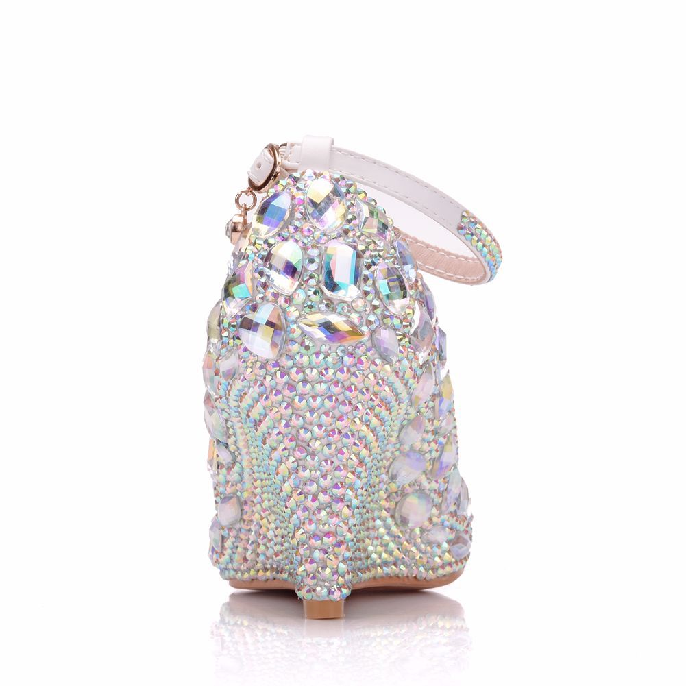 Colorful Rhinestone Ankle Strap 8cm Wedge Heel Women Pumps Wedding Shoes