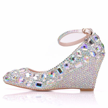 Colorful Rhinestone Ankle Strap 8cm Wedge Heel Women Pumps Wedding Shoes