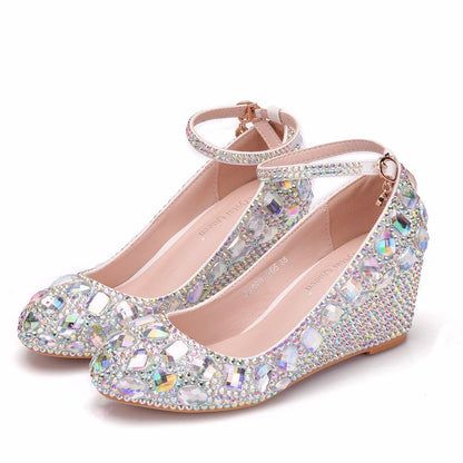 Rhinestone Ankle Strap 5cm Wedge Heel Women Pumps Wedding Shoes