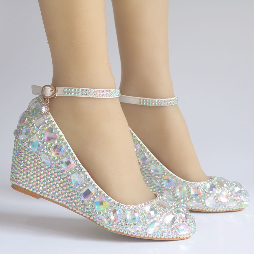 Rhinestone Ankle Strap 5cm Wedge Heel Women Pumps Wedding Shoes