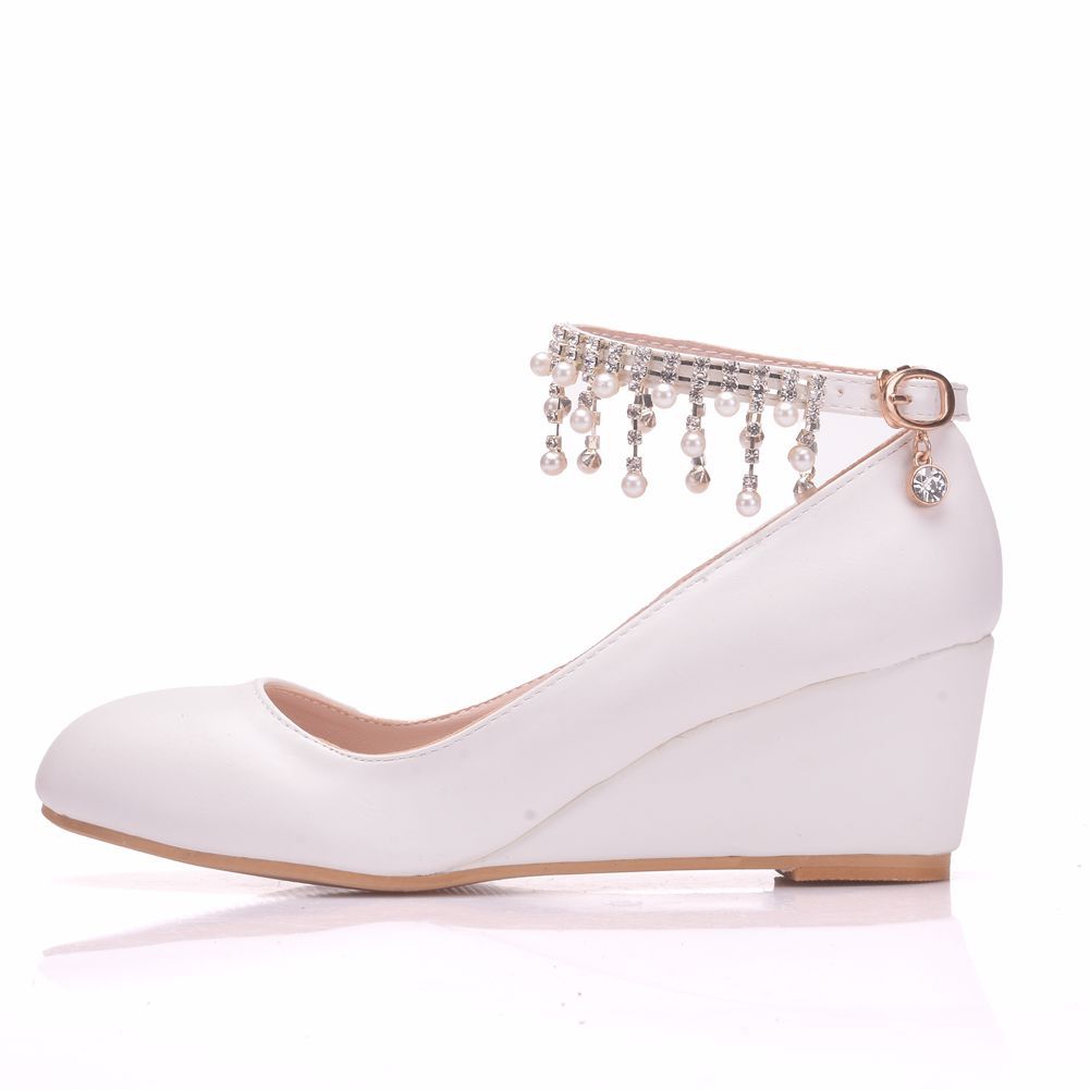 Pearls Rhinestone Tassel 5.5cm Wedge Heel Women Pumps Wedding Shoes