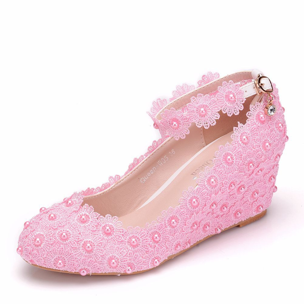 Pearls Lace Shallow Ankle Strap 5.5cm Wedge Heel Women Pumps Wedding Shoes