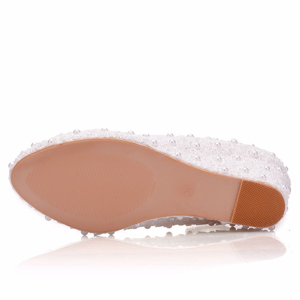Pearls Lace Shallow Ankle Strap 5.5cm Wedge Heel Women Pumps Wedding Shoes