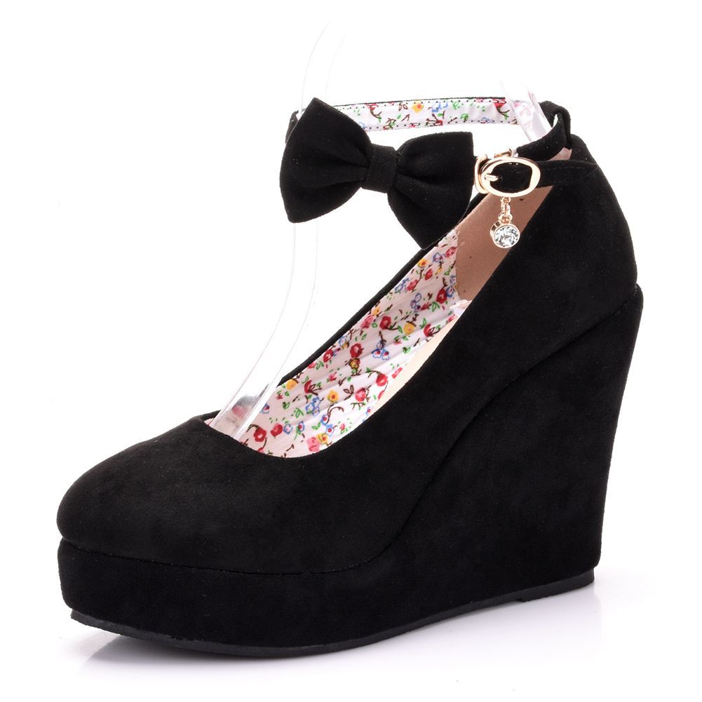 Women Round Toe Shallow Ankle Strap Wedding Wedge Heel Platform Pumps