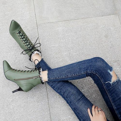 Pointed Toe Lace Up Women's Stiletto Heels Ankle Boots