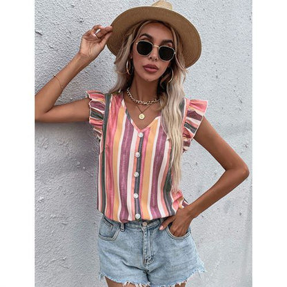 Womens V-neck Rainbow Stripe Top Shirt