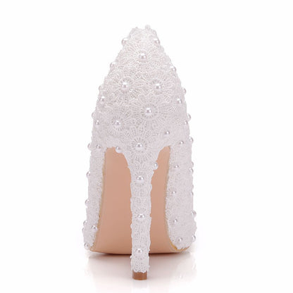 Women Pearls Lace Flower Stiletto Heel Pumps Wedding Shoes