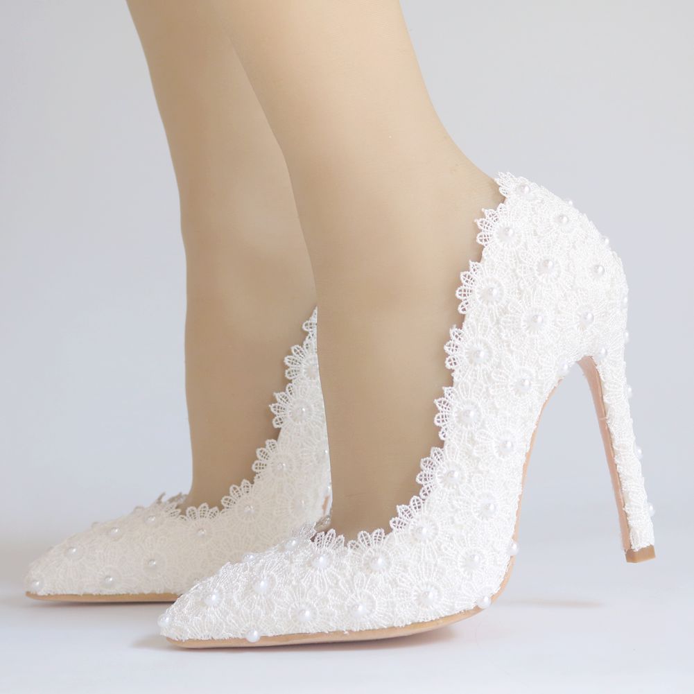 Women Pearls Lace Flower Stiletto Heel Pumps Wedding Shoes