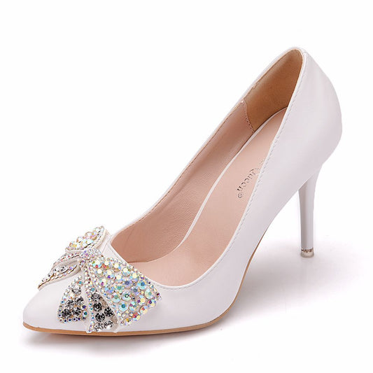 Women Pointed Toe Rhinestone Bow Tie Stiletto Heel Pumps Wedding Shoes