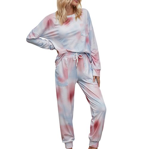 Womens Gradient Pajamas Tie-dye Long-sleeved Pullover Tops Trousers Home Two-piece Suit