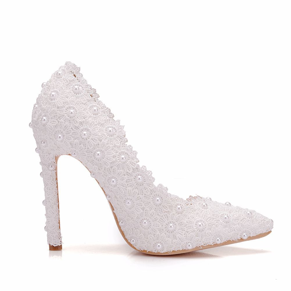 Women Pearls Lace Flower Stiletto Heel Pumps Wedding Shoes