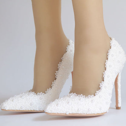 Women Pearls Lace Flower Stiletto Heel Pumps Wedding Shoes