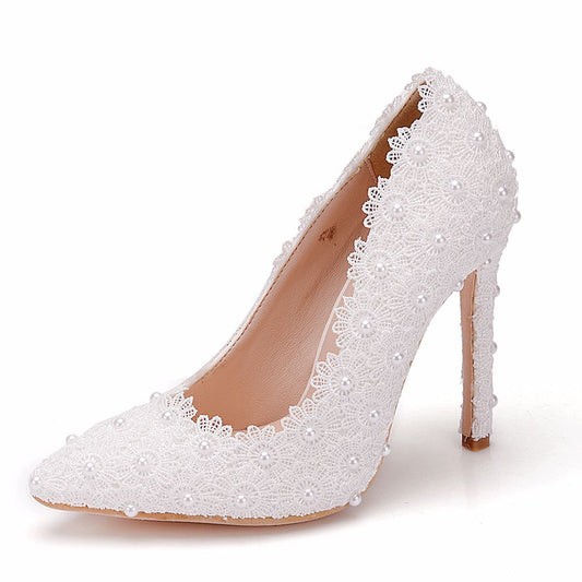 Women Pearls Lace Flower Stiletto Heel Pumps Wedding Shoes