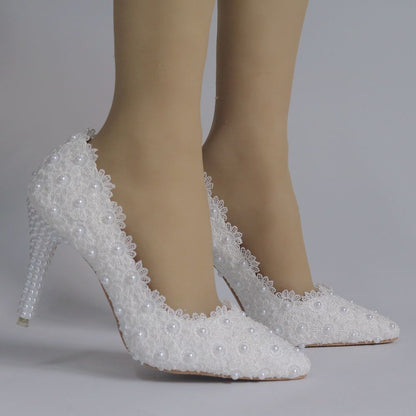 Women Pointed Toe Pearls Lace Stiletto Heel Pumps Wedding Shoes