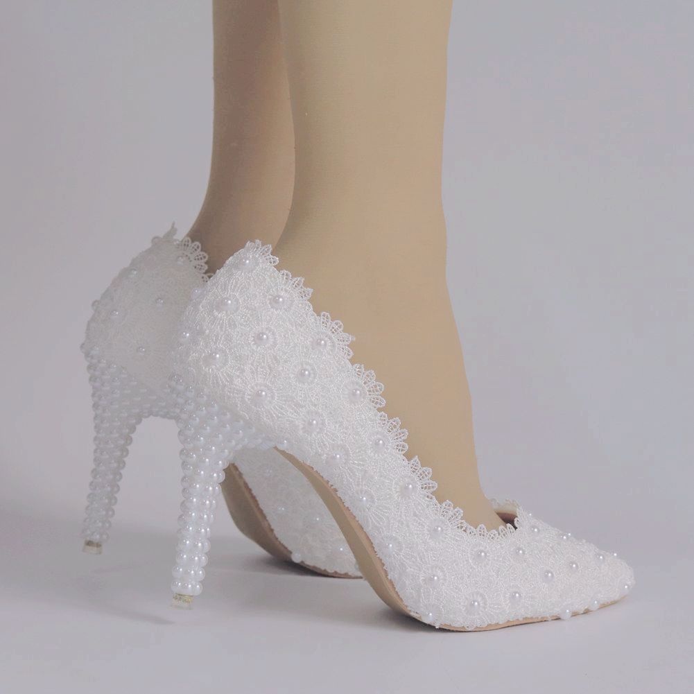 Women Pointed Toe Pearls Lace Stiletto Heel Pumps Wedding Shoes