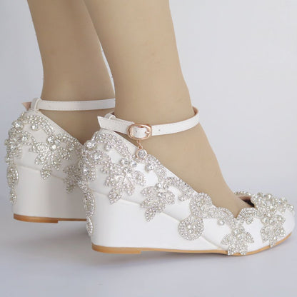 Shallow Rhinestone 5cm Wedge Heel Women Pumps Wedding Shoes