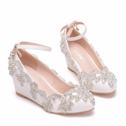 Shallow Rhinestone 5cm Wedge Heel Women Pumps Wedding Shoes