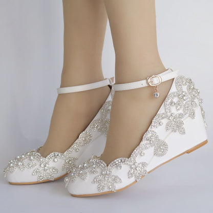 Shallow Rhinestone 5cm Wedge Heel Women Pumps Wedding Shoes