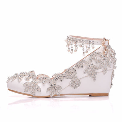 Rhinestone Pearls Tassel Ankle Strap 5cm Wedge Heel Women Pumps Wedding Shoes