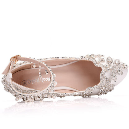 Rhinestone Pearls Tassel Ankle Strap 5cm Wedge Heel Women Pumps Wedding Shoes