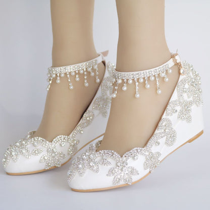 Rhinestone Pearls Tassel Ankle Strap 5cm Wedge Heel Women Pumps Wedding Shoes