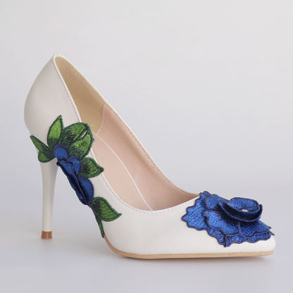 Women Pointed Toe Rhinestone Embroidery Flora Stiletto Heel Pumps Wedding Shoes