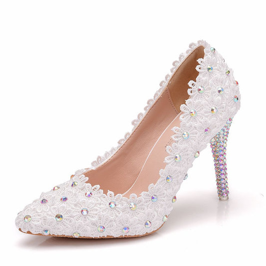 Women Rhinestone Lace Stiletto Heel Pumps Wedding Shoes