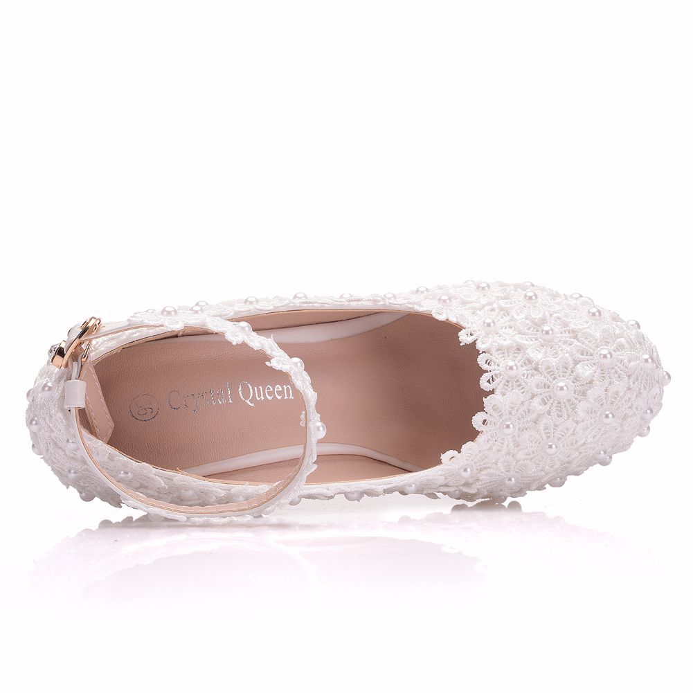 Women Round Toe Lace Pearls Wedding Platform Wedge Heel Ankle Strap Pumps