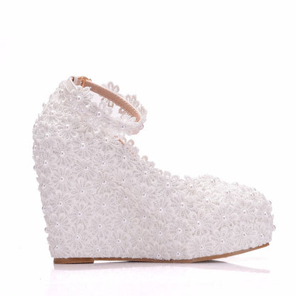 Women Round Toe Lace Pearls Wedding Platform Wedge Heel Ankle Strap Pumps