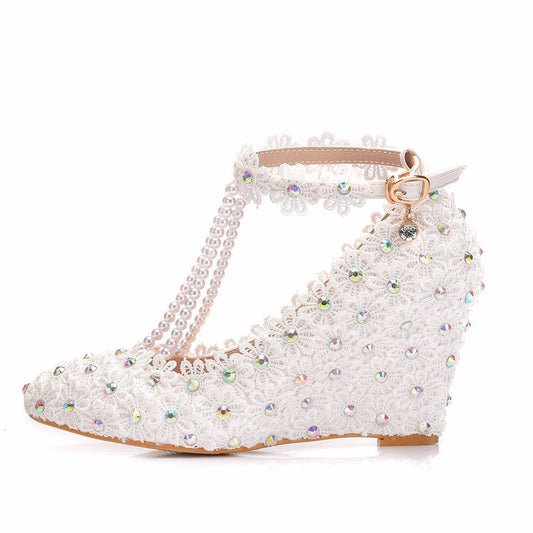 Colorful Rhinestone Ankle Strap 8cm Wedge Heel Women Pumps Wedding Shoes