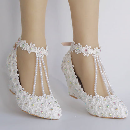 Colorful Rhinestone Ankle Strap 8cm Wedge Heel Women Pumps Wedding Shoes