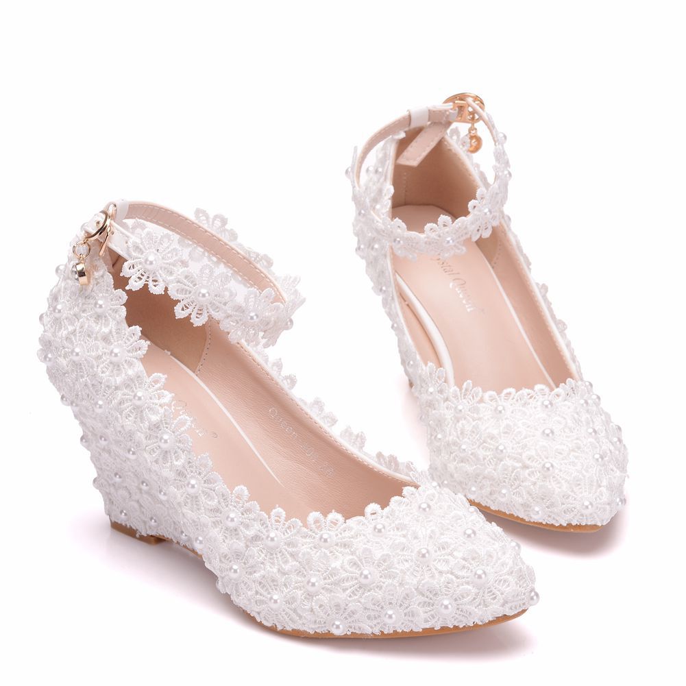 Pearls Lace Ankle Strap 8cm Wedge Heel Women Pumps Wedding Shoes