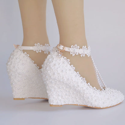 Pearls Lace Ankle Strap 8cm Wedge Heel Women Pumps Wedding Shoes