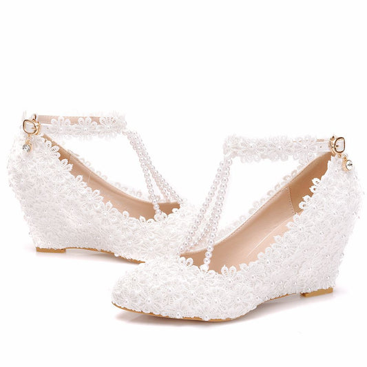 Pearls Lace Ankle Strap 8cm Wedge Heel Women Pumps Wedding Shoes