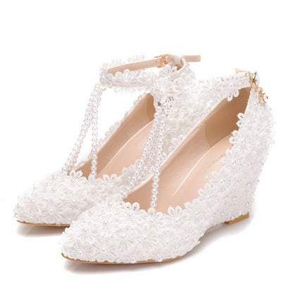 Pearls Lace Ankle Strap 8cm Wedge Heel Women Pumps Wedding Shoes