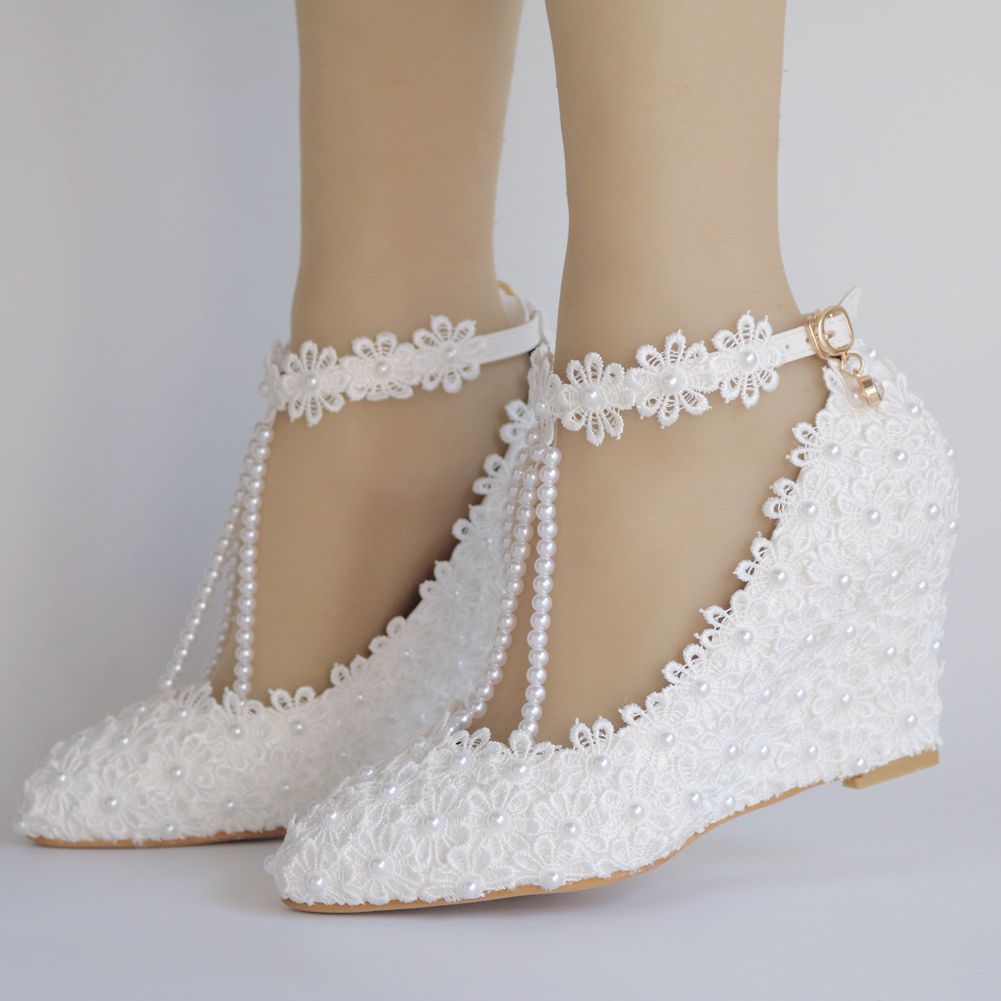 Pearls Lace Ankle Strap 8cm Wedge Heel Women Pumps Wedding Shoes