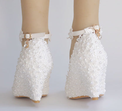 Pearls Lace Ankle Strap 8cm Wedge Heel Women Pumps Wedding Shoes