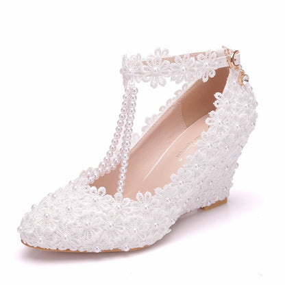 Pearls Lace Ankle Strap 8cm Wedge Heel Women Pumps Wedding Shoes