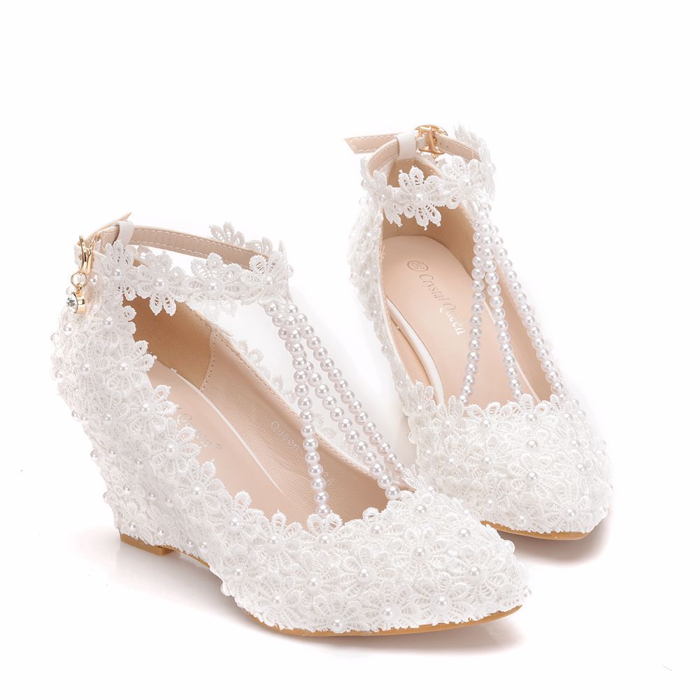 Pearls Lace Ankle Strap 8cm Wedge Heel Women Pumps Wedding Shoes