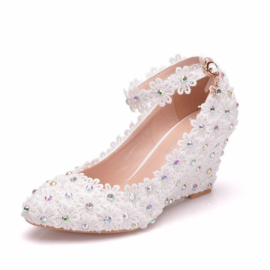 Rhinestone Lace Ankle Strap 8cm Wedge Heel Women Pumps Wedding Shoes