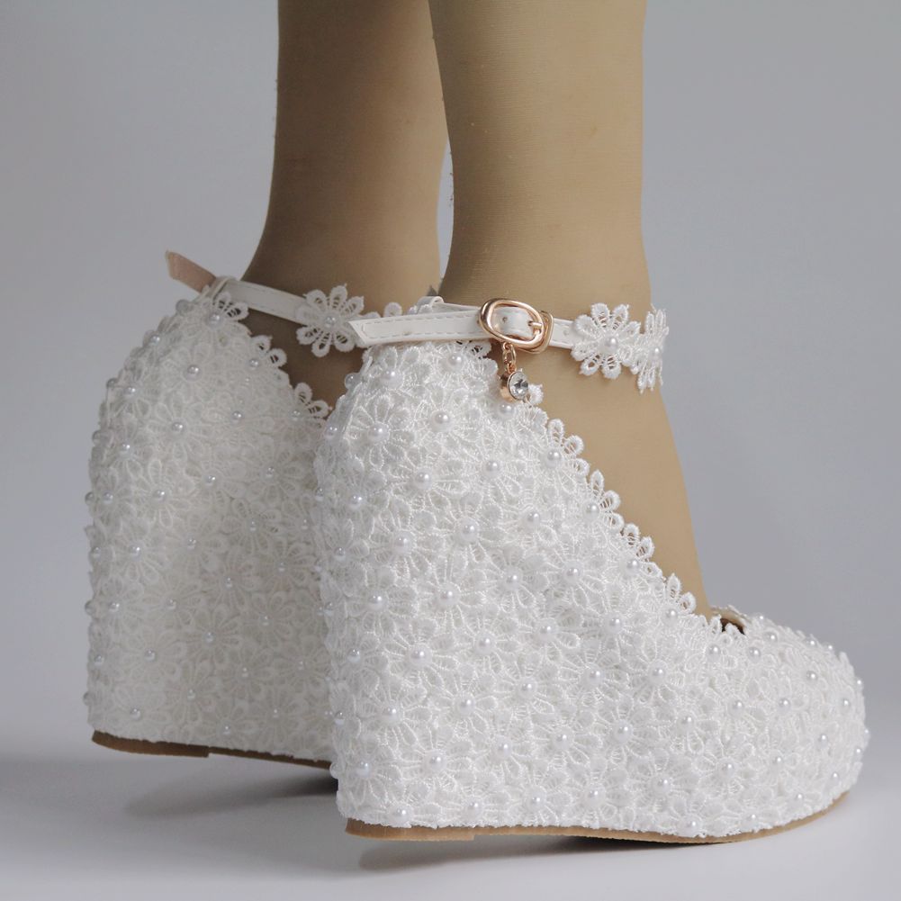 Women Round Toe Lace Pearls Wedding Platform Wedge Heel Ankle Strap Pumps