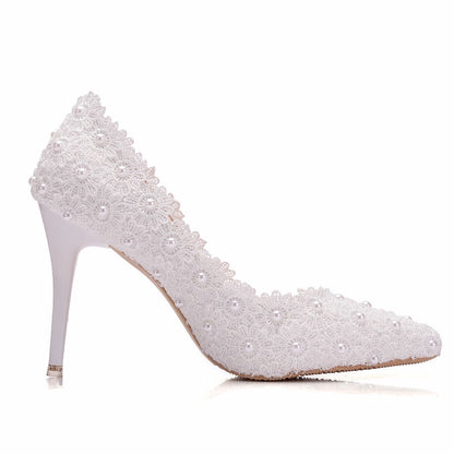 Women Pointed Toe Pearls Lace Stiletto Heel Pumps Wedding Shoes