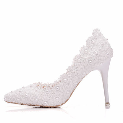 Women Pointed Toe Pearls Lace Stiletto Heel Pumps Wedding Shoes