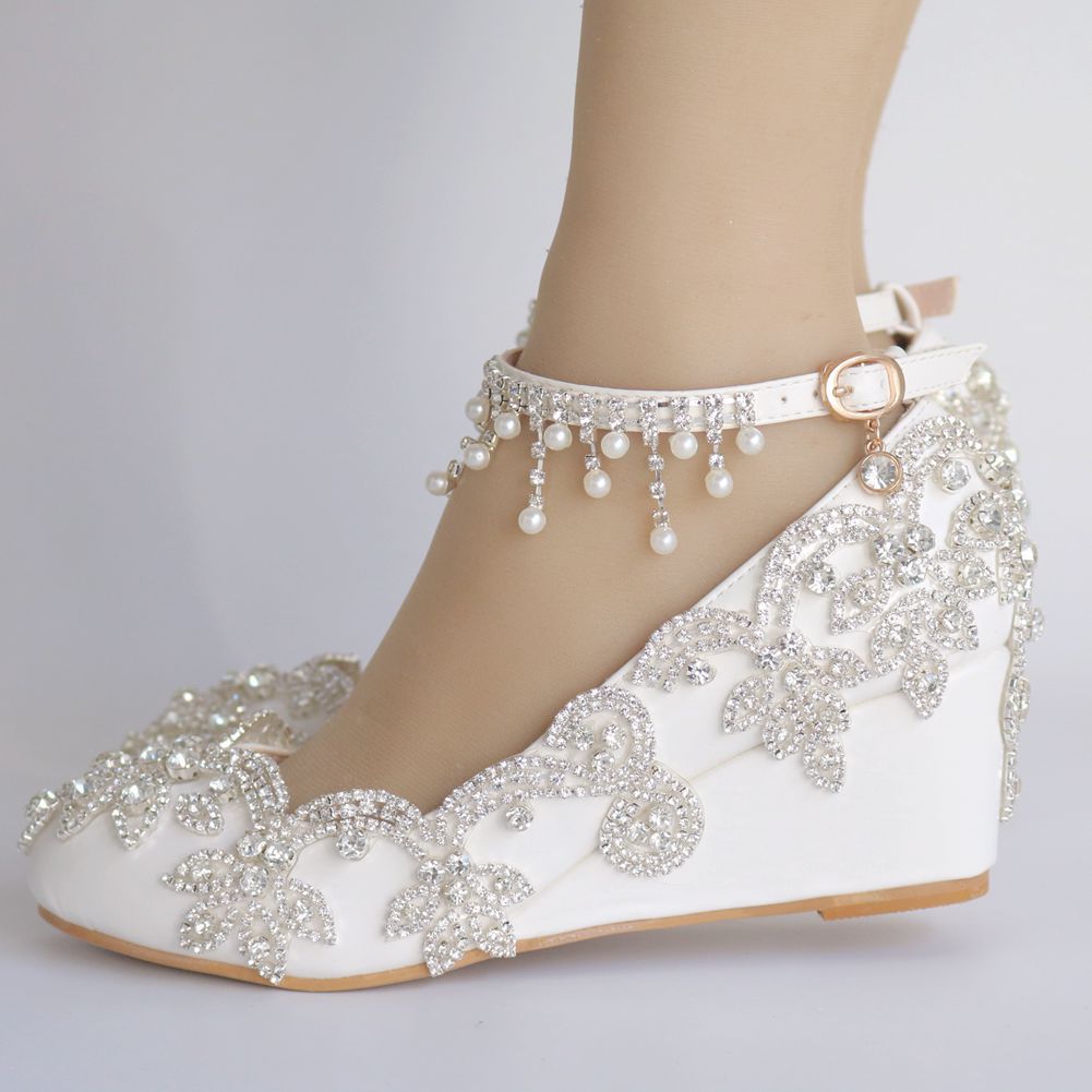 Rhinestone Pearls Tassel Ankle Strap 5cm Wedge Heel Women Pumps Wedding Shoes