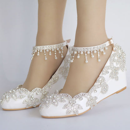 Rhinestone Pearls Tassel Ankle Strap 5cm Wedge Heel Women Pumps Wedding Shoes