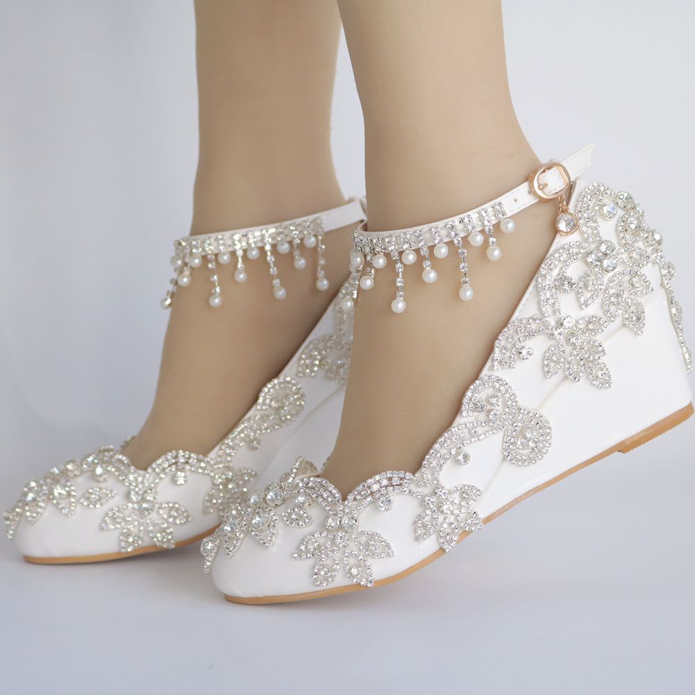 Rhinestone Pearls Tassel Ankle Strap 5cm Wedge Heel Women Pumps Wedding Shoes