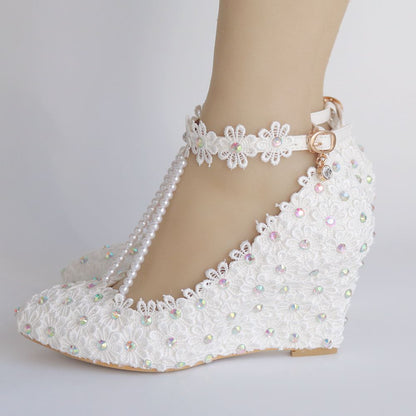 Colorful Rhinestone Ankle Strap 8cm Wedge Heel Women Pumps Wedding Shoes