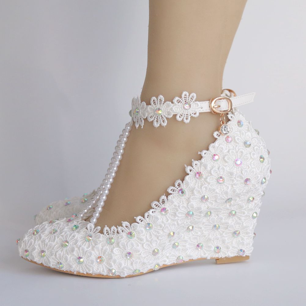 Colorful Rhinestone Ankle Strap 8cm Wedge Heel Women Pumps Wedding Shoes